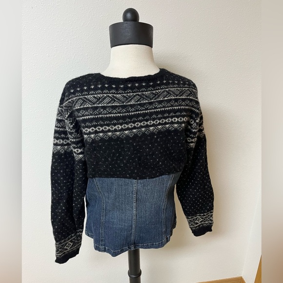 Funky wool blend Sweater/jean jacket women’s size L - Picture 2 of 4